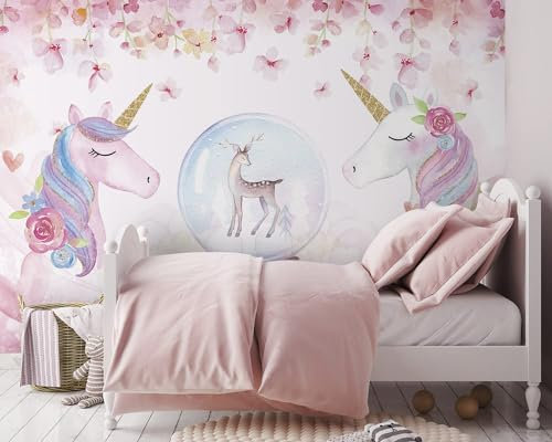 Naturempress Fototapete 3D Effekt Tapete Rosa Blume Einhorn Tapeten 3D Effekt Vliestapete Wohnzimmer Schlafzimmer Wandbilder Wanddeko