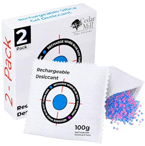 Cedar Mill Rechargeable Desiccant Packs for Storage - Leak-Proof Gun Safe Moisture Absorber for Firearm Cases, Cabinets & Cars - Color Indicating Silica Packets for Moisture Control (100 gr, 2-Pack)