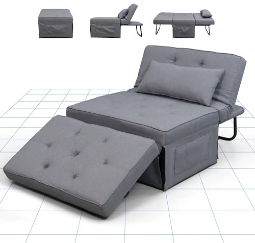 FLEXISPOT Fauteuil-lit Convertible 3 en 1 avec Dossier Inclinable, Coussin et Sac de Rangement, Chaise Longue 1 Place, Charge 300 kg, 91x69x35cm, Gris