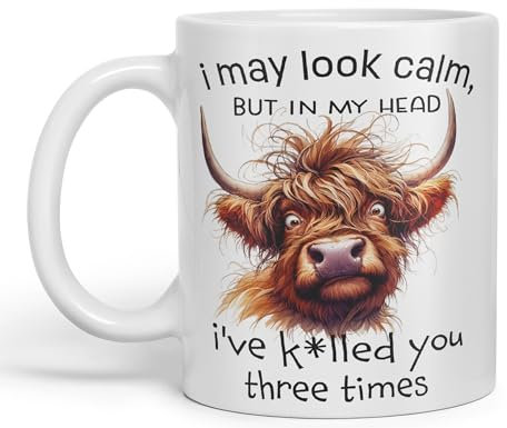 Vixar I May Look Calm, but in My Head I've k*lled You Three Times Highland Cow Joke sarkasm Sarcastic Ceramic Coloured Mug Cup for Tea Coffee Hot Brew 330ml 11Oz Gift (White)