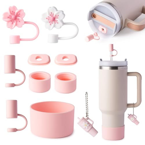 linmaya Stanley Cup Zubehör Set, enthält 6 Silikon Spill Proof Stopper, 2 10mm Strohhalm Abdeckung, 1 Griff Charme,1 Bodenschutz Fits für Stanley Cup kompatibel mit Hydro Flask
