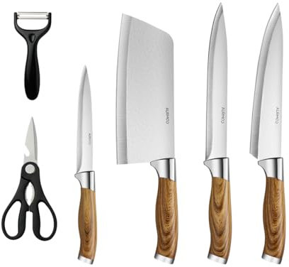 AURMOO Juego de Cuchillos de Cocina Profesional 6 Piezas, Set Cuchillos de Chef, Bloque de cuchillos, Cuchillo de Chef 20cm de Acero Inoxidable, Tijeras de Cocina