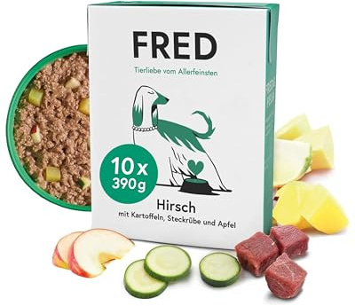 FRED Hundefutter Hirsch mit Kartoffeln 10 x 390 g I Monoprotein Nassfutter mit Muskelfleisch I Getreidefrei & hypoallergen I Mit Steckrübe & Apfel I Alleinfuttermittel für ausgewachsene Hunde