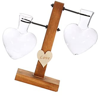 HOLIDYOYO Hydroponic Love Heart Glass Vase Set Wooden Stand for Dried Flowers and Plants Decor for Weddings and Special Occasions Double Bottle Design