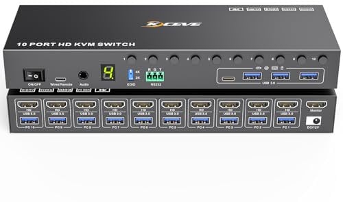 10 Port 8 Port KVM Switch HDMI 4K@60Hz EDID-Simulation,USB 3.0 HDMI KVM Switch für 10 PC Teilen Sie 1 Monitor und 4 USB-Geräte,KVM Switches mit Audio,RS232,Desktop-Steuerung,12V Strom und 10 USB-Kabel