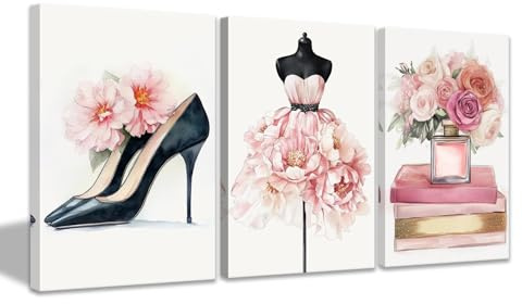 CCWACPP Pinke modische Leinwand Wanddekoration für Teenager Mädchen Schlafzimmer Schönheitszimmer Bilder 3 teilige Kunstdrucke für Make up Zimmer mit Rahmen (30x40cmx3)