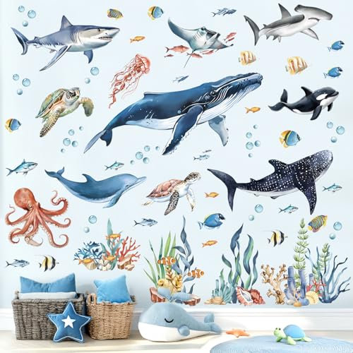 decalmile Wandsticker Unter dem Meer Fisch Groß Wandtatto Unterwasserwelt Hai Delphin Meeresschildkröte Wal Wandaufkleber Babyzimmer Badezimmer Kinderzimmer Wanddeko