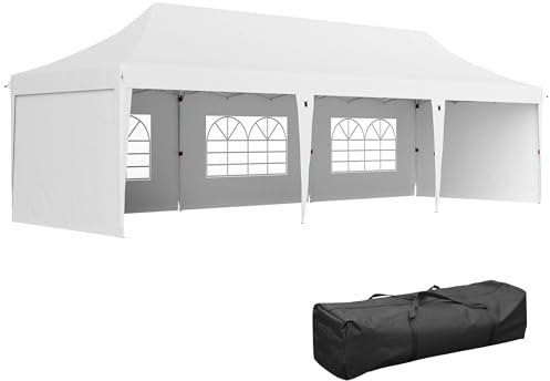Outsunny Carpa Plegable 9x3x3 m Cenador de Jardín con Altura Ajustable Paredes Laterales Ventanas Protección UV50+ Impermeable y Bolsa de Transporte Gazebo para Exterior Fiestas Camping Blanco