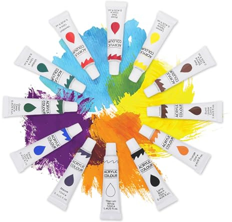 Acrylfarben Set 12 Farben x12ml, Acrylic Paint Set Malfaren für Leinwand Holz Papier Keramik Stein DIY Malen Soft Bunt und Schnell Trocknend (12 x 12ML)