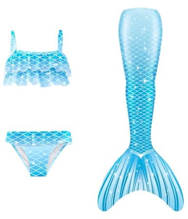 Generisch Kinder Bikini Mädchen Meerjungfrauenflosse Mädchen, Schwimmflossen Kinder Meerjungfrau Flossen Bikini Meerjungfrauen Monoflosse Kleider Bikinis Badeanzug Badekleid Blau 140