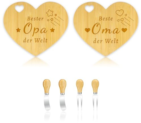 ANKUOFUA Frühstücksbrettchen Oma & Opa, Holzbrett Herz Geschenk für Oma Opa | 2er Brotzeitbrett mit Gravur Geburtstagsgeschenk für Oma Opa, Brettchen mit Frühstücksmesser & Gabel Geschenk für Großeltern