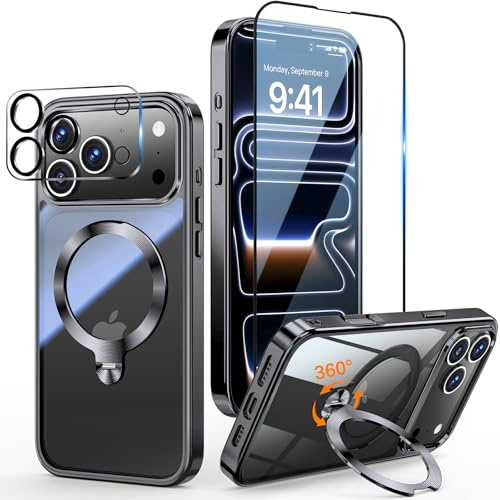 Yoouther 3 in 1 Magnetische Hülle für iPhone 17 Pro 6.3 [360° CD Unsichtbarer Drehständer für MagSafe] [Mit Stück Schutzfolie & Kameraschutz] [Nie Vergilbung] Militärschutz Stoßfest, Schwarz