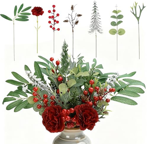 VAIAV 44 Stück Tannenzweige Künstlich Wie Echt Künstliche Tannenzweige Tannengrün Künstlich Künstliche Pflanzen Rote Beeren Deko Weihnachten Zweige Deko Weihnachten für Heimdekoration DIY-Kranz