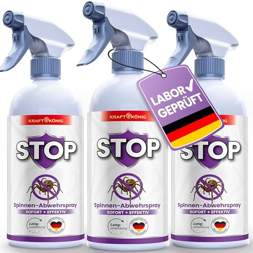 KRAFTKÖNIG Spinnenspray 3x 500ml – Effektiv für Haus Keller Balkon Terrasse | Starkes Spinnenabwehr Spray mit Langzeitwirkung, sofort einsatzbereit, für innen & außen, Anti Spinnen Spray, Made in Germany