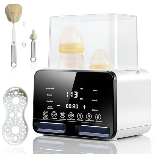 Flaschenwärmer Baby für 2 Flaschen, 8-in-1 Fast Babynahrungsheizung & Abtauung, Sterilisator Babyflaschen, 45°C Konstante Temperatur, Termine, Einstellbare Temperatur Babykostwärmer mit LCD-Display