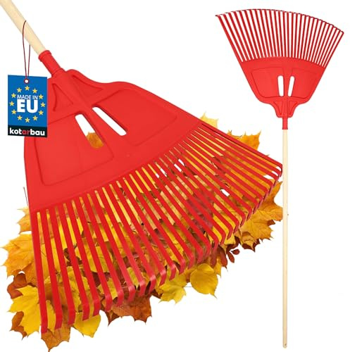 KOTARBAU® Laubrechen Kunststoff - 67 cm - mit Holzstiel 1,5 m - Extra-Click - Heurechen - Laubharke - Rechen für Herbstlaub & Heckenschnitt - Gartenrechen - Kunststoff - Rot & lackiertes Holz