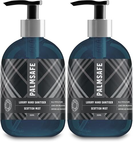 Palm Safe Scotish Mist Scented Hand Sanitiser with Aloe Vera 300ml Pump Bottle Effective Against 99.9% of Viruses and Bacteria (Pack of 2)