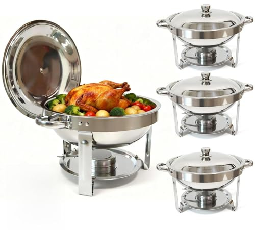 4-Pack Chafing Dishes for Buffet,6QT 304 Stainless Steel Round Chafing Dish Buffet Set - Complete Food Warmers with Lids, Water Pans, Fuel Can Holders for Catering & Wedding Receptions,Silver