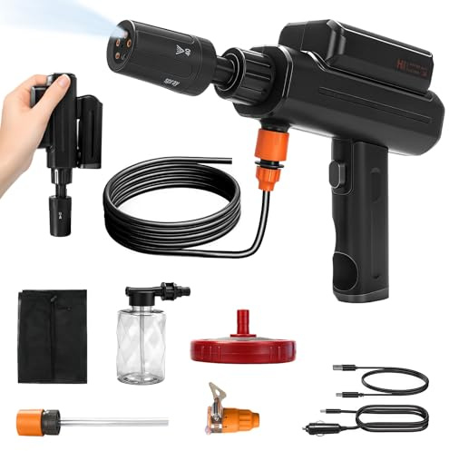 Limpiador de Alta Presión Inalámbrico Plegable 12000 mAh, 250 PSI | Limpiador Portátil, Boquilla 5 en 1, Manguera 5 m, Depósito de Espuma y Filtro para Coche, Bici, Jardín