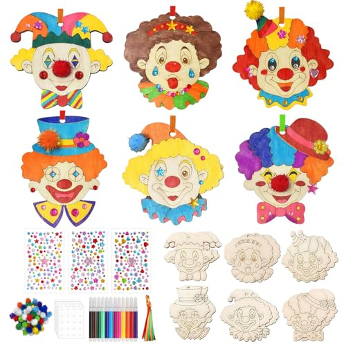 Leeelyan 12 Stück Clown Bastelset,Holz Clown Bastelnset,Holz Zirkus Tischdeko,Fasching Zirkus Deko Zum Basteln Anhänger,Karneval holzAnhänger für Fasching Karneval Mottoparty Geburtstag Mitgebsel