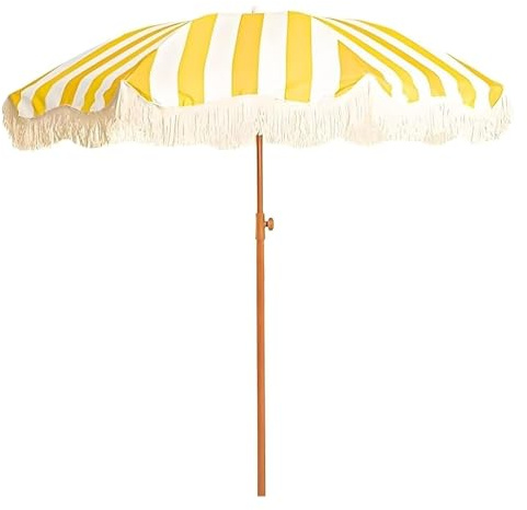 Ombrellone da Spiaggia con Frange da 200 cm, Strisce Gialle e Bianche, Inclinabile, per Piscina, Prato, Giardino e Terrazza, UPF 50+