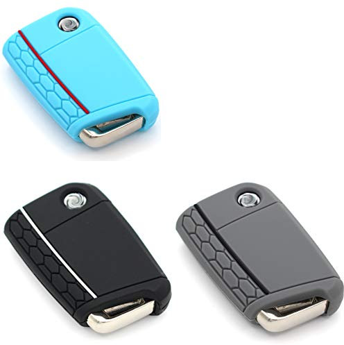 3er Set Schlüssel Hülle VB für 3 Tasten Auto Schlüssel Silikon Cover - Finest-Folia Schlüsselhülle Etui Schutzhülle (Hellblau, Schwarz Weiß, Aschgrau Schwarz)
