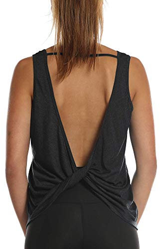 icyzone Damen Sport Tops Rückenfrei - Ärmellose Yoga Gym Oberteil Shirt Fitness Tank Top (XL, Black)