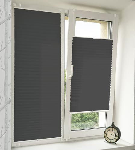 Vkele Plissee ohne Bohren Klemmfix – Faltrollo Jalousie Anthrazit 95x120cm(BxH), Lichtdurchlässig & Blickdicht, Sonnenschutz & Sichtschutz, Easyfix Rollo für Fenster & Tür