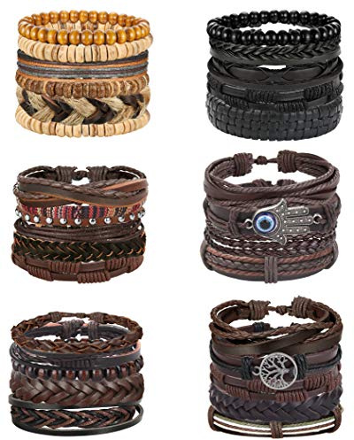 Florideco 30 Stück geflochtene Lederarmbänder für Herren und Damen mit Holzperlen Ethnisch Gewebte Tribal Verstellbar, 8.5 inches