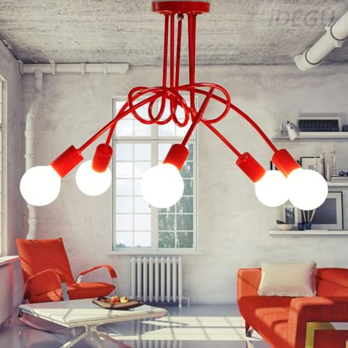iDEGU Plafonnier Industrielle Rétro en Métal Lustre Abat-jour E27 Luminaire Moderne Lampe Suspension pour Salon Chambre Salle à Manger (Rouge, 5 Lampes) Sans Ampoules
