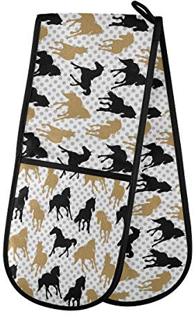 RXYY Doppelt Ofenhandschuh Tier Pferds Muster Hitze Beständig Gesteppt Baumwolle Küche Topflappen Lange Ofenhandschuhe für Kochen Backen Grillen