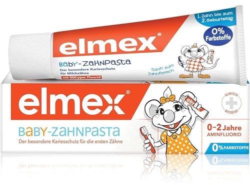 elmex Zahnpasta Baby 0-2 Jahre, 50ml – besonderer Kariesschutz für die ersten Zähne bei Babys – schützt den Zahnschmelz und ist sanft zum Zahnfleisch