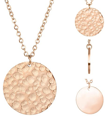 BONNYBIRD® Platten Kette Rosegold Damen Edelstahl Halskette mit Platte Coin Plättchen Anhänger Gehämmert Boho Runde Goldkette Schmuck Wasserfest Frauen Vergoldet Goldschmuck Bohemian Layering