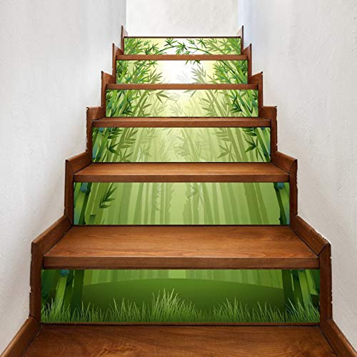 A.Monamour Autocollants d'escalier Auto-adhésifs 3D Silhouette D'Un Fond De Forêt De Bambou Vert Brumeux Vinyle Imperméable Contremarche d'escalier Carrelage Sticker Mural Autocollant 6 PCs