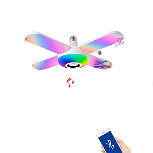 E27 Ceiling Fan Light, RGB Color Changing Music Ceiling Lamp, Foldable Blade Modern Ceiling Lights, Four Fan Blades, Dimmable with Bluetooth Speaker Remote Control, 40W Bedroom Lamp