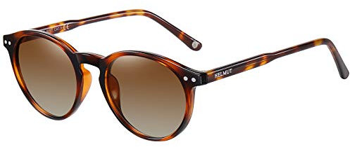 H HELMUT JUST Lunettes de Soleil Ronde Femme Homme Vintage Verres Polarisées Monture en TR90 Branche en Acétate Tortue