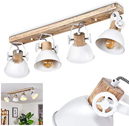 Deckenleuchte Orny, 4-flammiger Deckenstrahler aus Holz und Metall in weiß, Industrial/Vintage Look Zimmerlampe, 4 x E27, die Leuchtenköpfe sind verstellbar,ohne Leuchtmittel