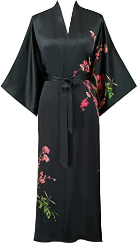 Kwedhonjh Klassischer Damen-Kimono-Bademantel, 100% Seide, bedruckt, Muster, Pflaumenblüte, Schwarz, Einheitsgröße