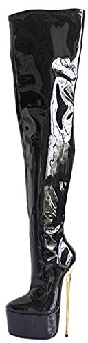 Donna 22cm Tacchi a Spillo Stivali Alti alla Coscia con Plateau Tacco in Metallo Dorato Tacchi Alti Sexy Fetish sopra Il Ginocchio Stivali da Festa Taglia 36-46,Nero,36 EU