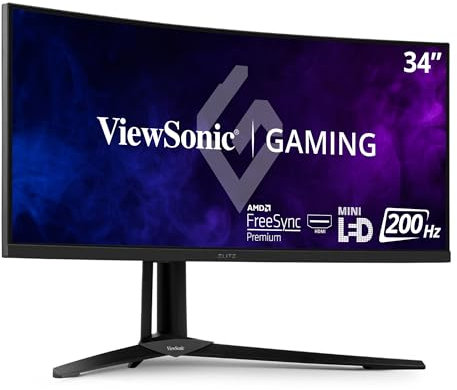 Viewsonic XG341C-2K 86,4 cm (34 Zoll) Curved Gaming Monitor (UWQHD, Quantum Dot, 1ms, 200 Hz, FreeSync Premium Pro, HDR, RGB Beleuchtung, HDMI, DP, USB-C, höhenverstellbar) Schwarz
