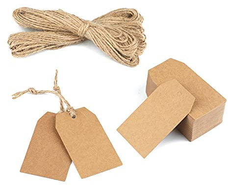 200 Stück Geschenkanhänger Kraftpapier Anhänger Etiketten 7x4 cm und 20 Meter Juteschnur, für Basteln Weihnachts Hochzeits Geschenke (Braun)