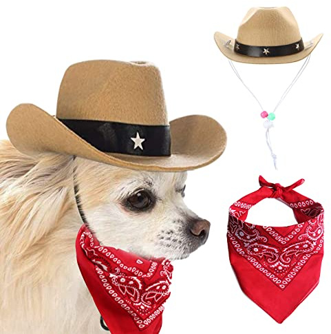 AWOCAN Cowboyhut und Bandana für Hunde und Katzen, Sombrero, Welpenhut, Cosplay-Kappe, Welpen, Haustier, Hund, Katze, Urlaub, Haustier-Party-Dekoration (Khaki)