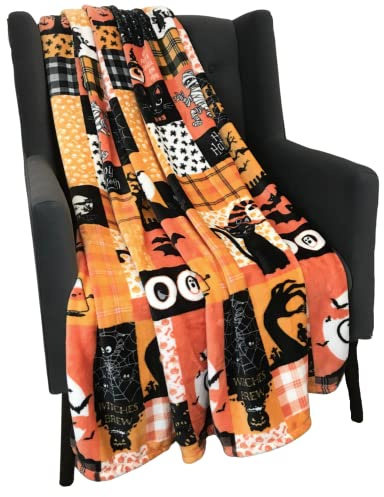 Serafina Home Halloween-Decken-Überwurf: Patchwork-Dekor Hexe Jack O Laterne auf weichem Samt-Fleece für Sofa, Bett, Couch, Stuhl für Erwachsene und Kinder