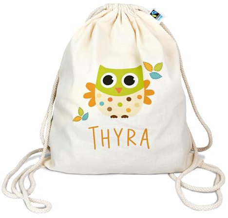 Bio Turnbeutel mit Namen personalisiert & Bedruckt | Motiv Eule | Stoffbeutel Schuhbeutel Sportbeutel Wäschebeutel Rucksack für Kinder Jungen & Mädchen | inkl. NAMENSDRUCK