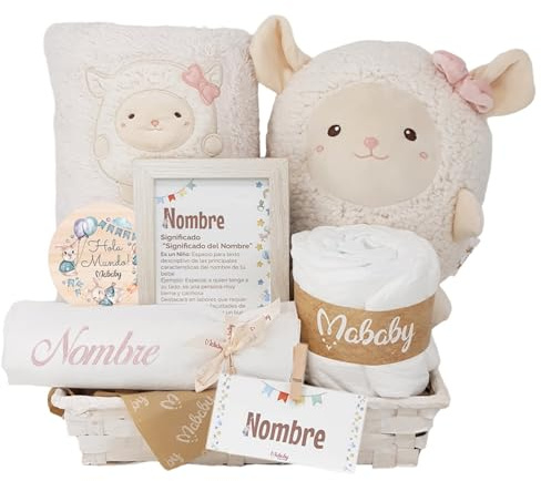 Mababyshop, Cesta Bebé Personalizada Happy Ovejita – Regalo Recién Nacido 0riginal | Manta Suave, Peluche, Muselina Bordada con Nombre, Marco Significado del Nombre y Pastel Pañales (Ovejita Rosa)