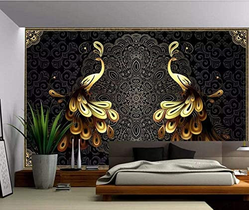 GHASOO 3D Mural Photo Wallpaper Black and Gold Animal Peacock Backdrop Wall Classic Interior Decor Wallpaper 3D Panel Wall Wall Bathroom Restaurant Hall Living Room Hallway Wall Art 55X 27
