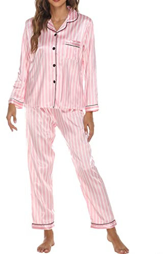 Geagodelia 2 Pièce Ensemble Pyjama Femme à Manches Longues Imprimé Vêtements de Nuit en Faux Satin Soie pour Toutes Les Saisons (Rose Rayé, L)