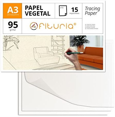 Papel Vegetal, Hoja Vegetal A3 de Superficie Satinada, 15 Hojas de 95gr/m2, Papel de Calco Resistente para Dibujos Técnicos y Manualidades, Libre de Ácido - Ofituria (15 Hojas)