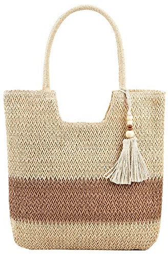 TIAASTAP Stroh Handtasche Damen, Sommer Strandtasche Stroh Groß mit Reißverschluss, Boho Bag Strohtasche Korbtasche Geflochten Basttaschen mit Quasten