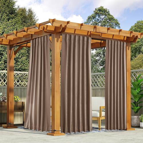 NICETOWN 2 Panels Waterproof Outdoor Curtains Fixed Pocket & Back Tab on Top & Bottom, Thermal Insulated Keep Rain & Sun Out Blackout Windproof Outdoor Drapes with Rope, W52 x L108, Tan-Khaki